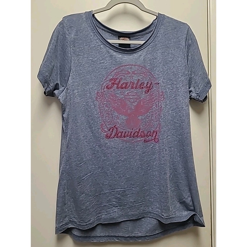 Harley-Davidson  T-Shirt Retro Eagle blue Rhinestone‎ Women's Size L